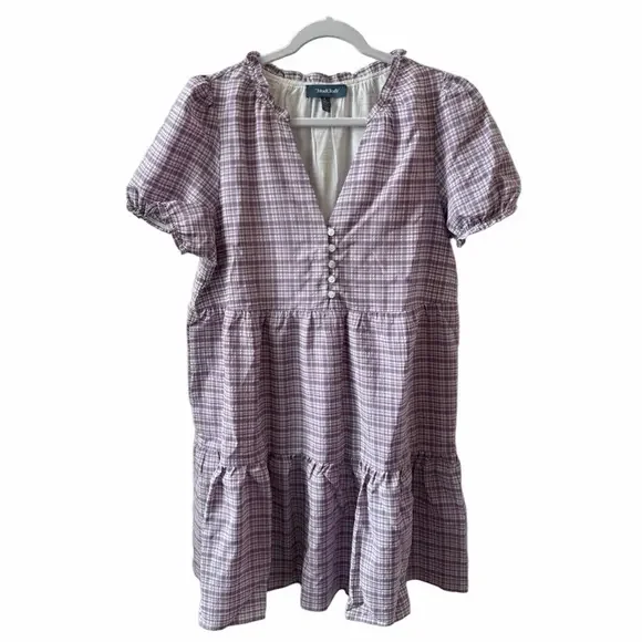 ModCloth Lavender Plaid Mini Dress Size Large V-Neck Short Sleeve Pockets EUC - Picture 4 of 12